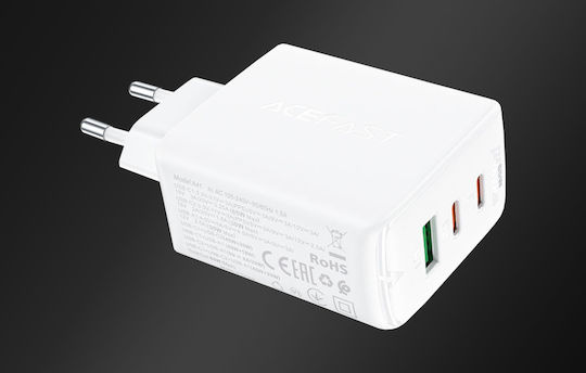 Acefast Wireless Charger GaN With USB-A Port And 2 USB-C Ports 65W Power Delivery Quick Charge 2.0 Quick Charge 3.0 Quick Charge 4+ White