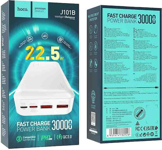 Hoco J101B Astute Power Bank 30000mAh 20W cu 2 Porturi USB-A și Port USB-C Livrarea energiei Alb