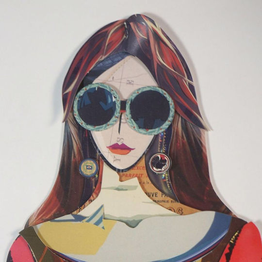 Supergreens Collage Frau Mit Tasche Gemälde Hölzernes 50x100cm