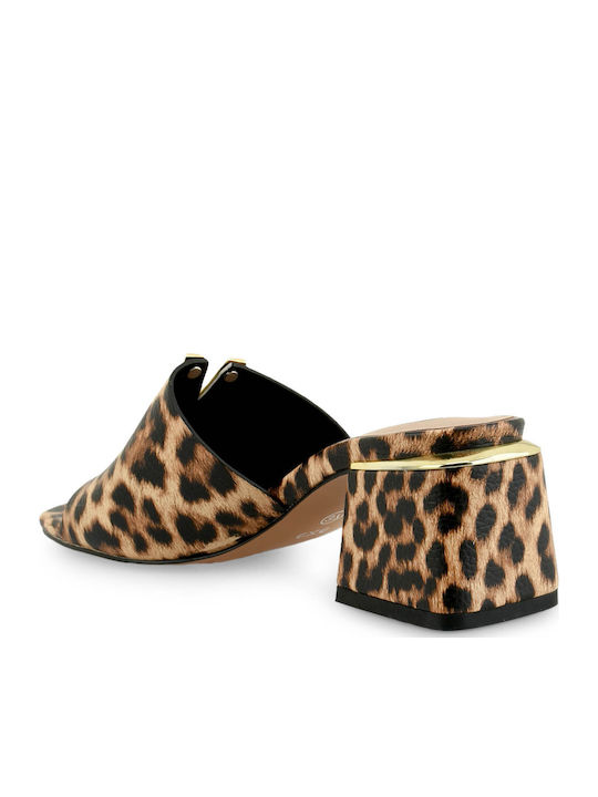 Mules mit Chunky Niedrig Absatz Beige Leopard