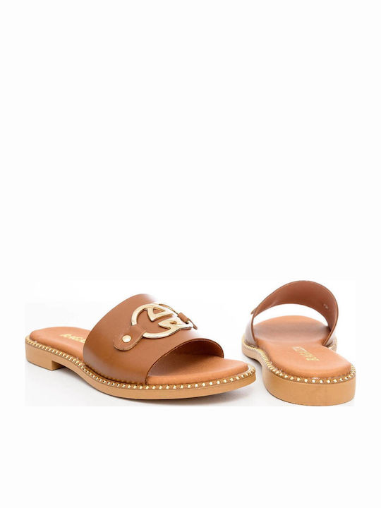 Leather Women's Flat Sandals in Tabac Brown Color