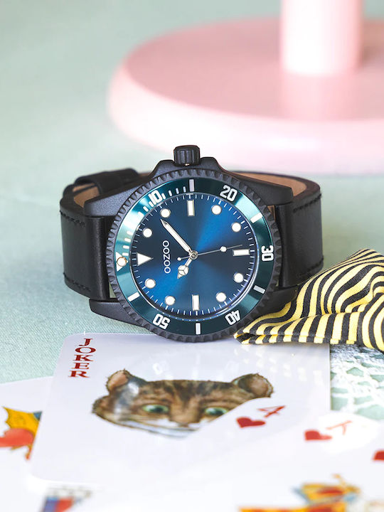 Oozoo Timepieces Ανδρικό Ρολόι 44mm Μπαταρίας με Μαύρο Δερμάτινο Λουράκι