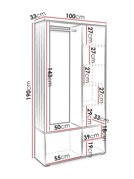 Milo Entry Furniture with Mirror / Hanger / Shoe Rack & Wardrobe Artisan / Black 100x33x190cm