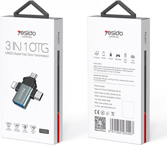 Yesido GS15 Μετατροπέας USB-A female σε Lightning / USB-C / micro USB male 1τμχ