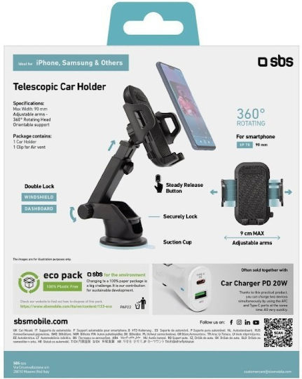 SBS Βάση Κινητού Αυτοκινήτου Holder Passive Holder με Ρυθμιζόμενα Άγκιστρα Μαύρη