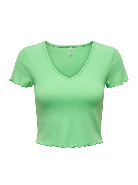 Damen Sommer Crop Top Kurzarm mit V-Ausschnitt Grün