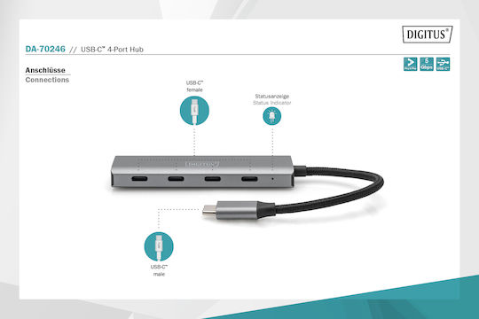 Digitus 4-Port USB 3.1 Hub with USB-C Connection Gray