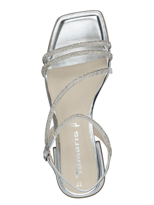 Leather Women's Flat Sandals with Strap in Silver Color