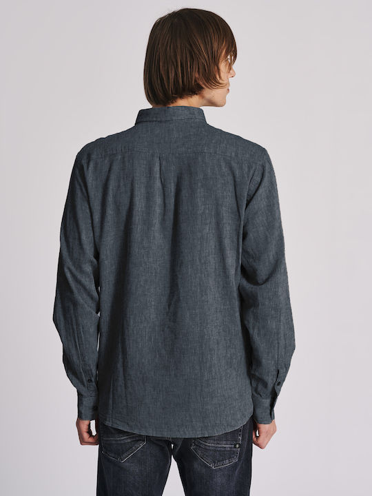 Staff Men's Shirt Long Sleeve Linen Navy Blue