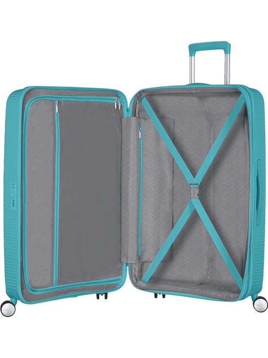 American Tourister Soundbox Spinner Expandable Large Hard Turquoise Suitcase With 4 Wheels Height 77cm