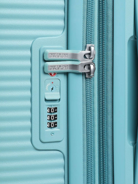 American Tourister Soundbox Spinner Expandable Large Hard Turquoise Suitcase With 4 Wheels Height 77cm