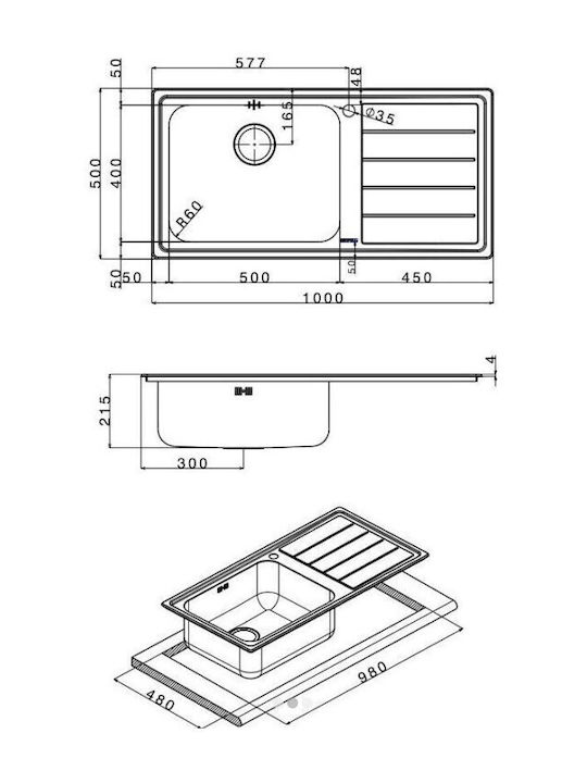 Apell Linear Ένθετος Νεροχύτης Inox Σατινέ Μ100xΠ50cm Ασημί