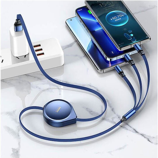 Remax RC-C018 Flat / Retractable USB to Lightning / Type-C / micro USB Cable Μπλε 1.2m