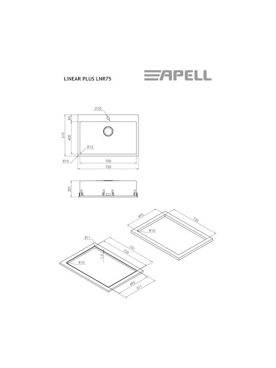 Apell Linear Plus Ένθετος Νεροχύτης Inox Σατινέ Μ75xΠ51cm Ασημί