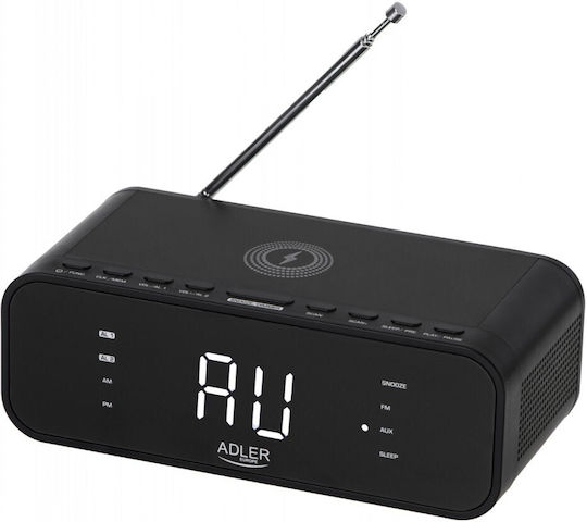 Adler AD 1192B Επιτραπέζιο Ψηφιακό Ρολόι LED Πλαστικό με Ξυπνητήρι, Ραδιόφωνο & Ασύρματη Φόρτιση Μαύρο AD 1192b