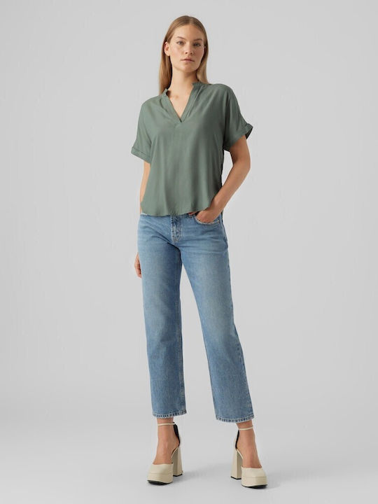 Women's Summer Blouse Short Sleeve with V Neckline Olive