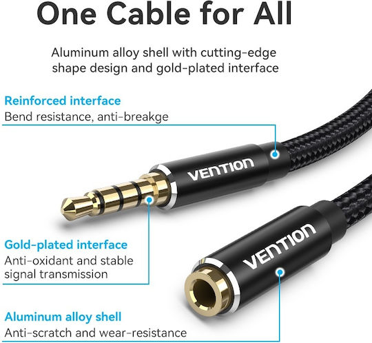 Vention 3.5mm Jack Cable TRRS 3.5mm Male - 3.5mm Female Black 0.5m with Gold Plated Terminals BHCBD