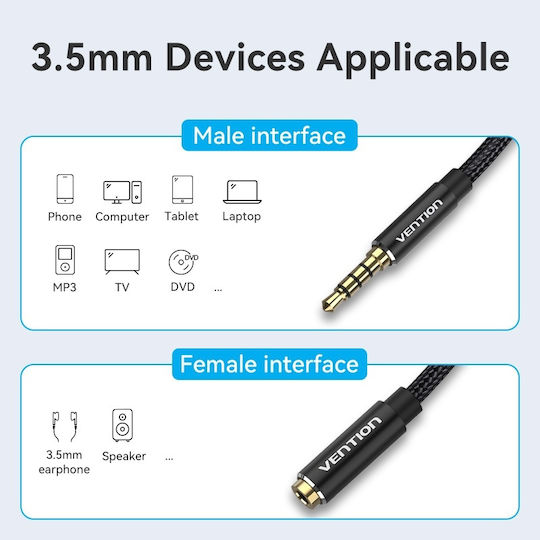 Vention Καλώδιο Ήχου TRRS 3.5mm male - 3.5mm female Μαύρο 2m με Επίχρυσους Ακροδέκτες BHCBH