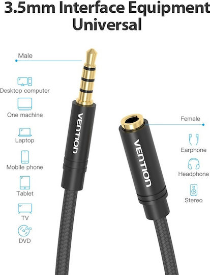Vention TRRS Audio Cable 3.5mm Male - 3.5mm Female Black 0.5m with Gold Plated Terminals