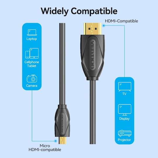 Vention HDMI 2.0 Premium High Speed 4K 60Hz HDR Cable Micro HDMI Male HDMI Male 2m Black