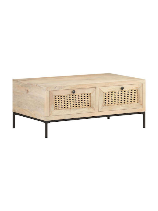 Rectangular Central Coffee Table Made of Solid Wood with Beige Drawers W90xD50xH37cm