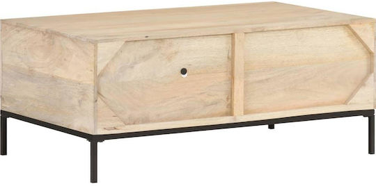 Rectangular Central Coffee Table Made of Solid Wood with Beige Drawers W90xD50xH37cm