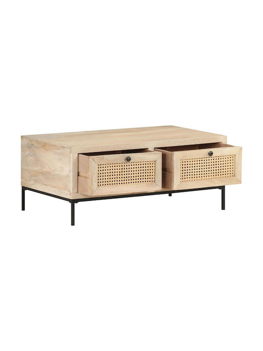 Rectangular Central Coffee Table Made of Solid Wood with Beige Drawers W90xD50xH37cm