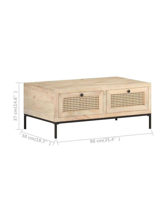Rectangular Central Coffee Table Made of Solid Wood with Beige Drawers W90xD50xH37cm