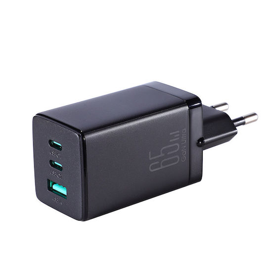 Joyroom Φορτιστής GaN με Θύρα USB-A και 2 Θύρες USB-C και Καλώδιο USB-C - USB-C 65W Power Delivery Μαύρος (TCG01)