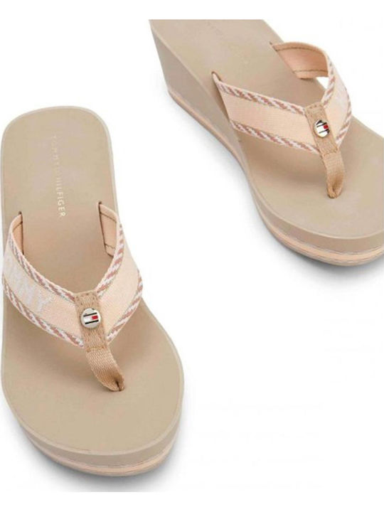 Webbing H Women's Platform Flip Flops Beige