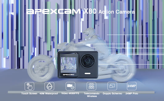Apexcam X80 Action Camera 4K Ultra HD Underwater with Touch Screen 2" and Wi-Fi Black