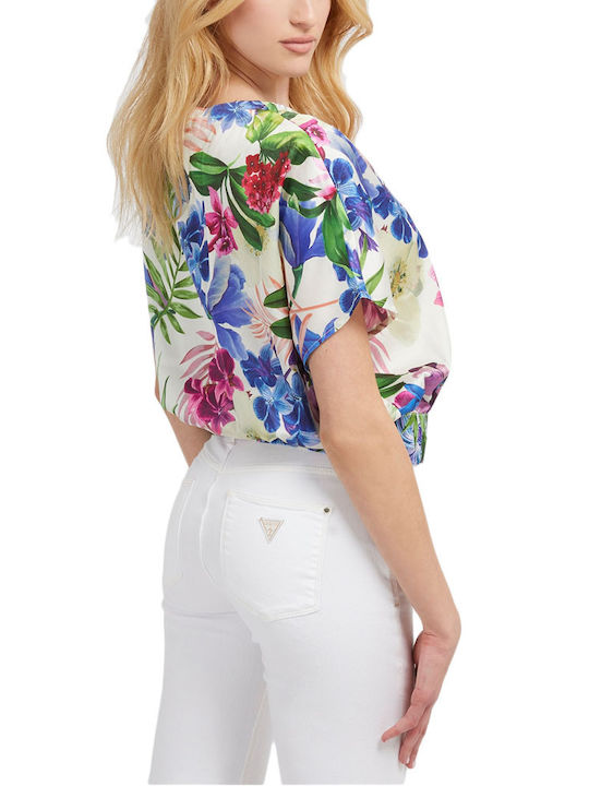 Guess Bluza de Damă de Vară de Satin Mâneci scurte Floral Multicoloră