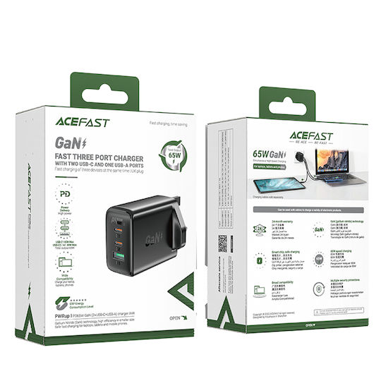 Acefast Φορτιστής Χωρίς Καλώδιο GaN με Θύρα USB-A και 2 Θύρες USB-C 65W Power Delivery Μαύρος (A44 UK Plug)