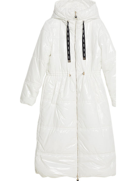 Women's Long Puffer Jacket for Winter with Hood Light Ivory