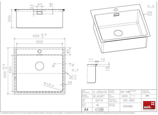 Excel Victoria 720CMS383 Drop-In Sink Inox Satin W55xD50.5cm Silver