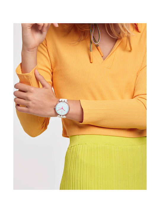Swatch Polawhite Γυναικείο Ρολόι 41mm Μπαταρίας με Ροζ Καουτσούκ Λουράκι
