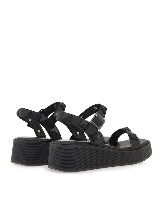 Women's Leather Ankle Strap Platforms Black