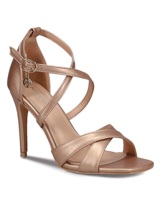 Migato Leather Women's Sandals with Ankle Strap Rosegold with Thin High Heel LSM4621-L05