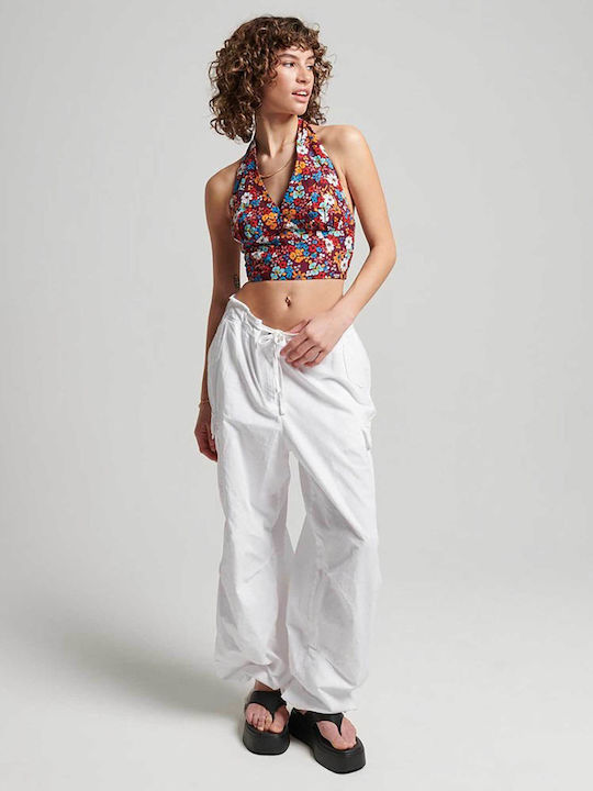 Vintage Γυναικείο Καλοκαιρινό Crop Top Λινό Αμάνικο με Δέσιμο στο Λαιμό Floral Πολύχρωμο
