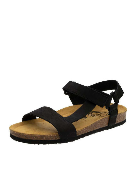 Leather Women's Flat Sandals with Strap in Black Color