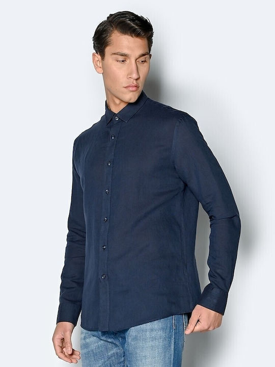 Brokers Jeans Men's Shirt Long Sleeve Linen Navy Blue