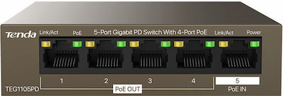 Tenda TEG1105PD Unverwaltet L2 PoE+ Switch mit 5 Ports Gigabit (1Gbps) Ethernet