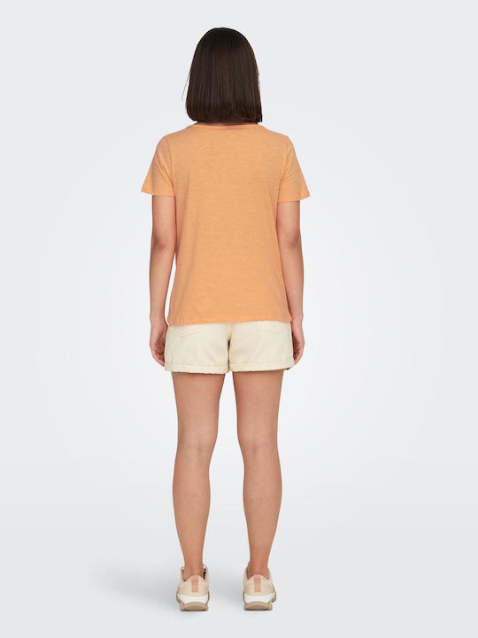 Only Women's Summer Blouse Cotton Short Sleeve with V Neck Orange Chiffon