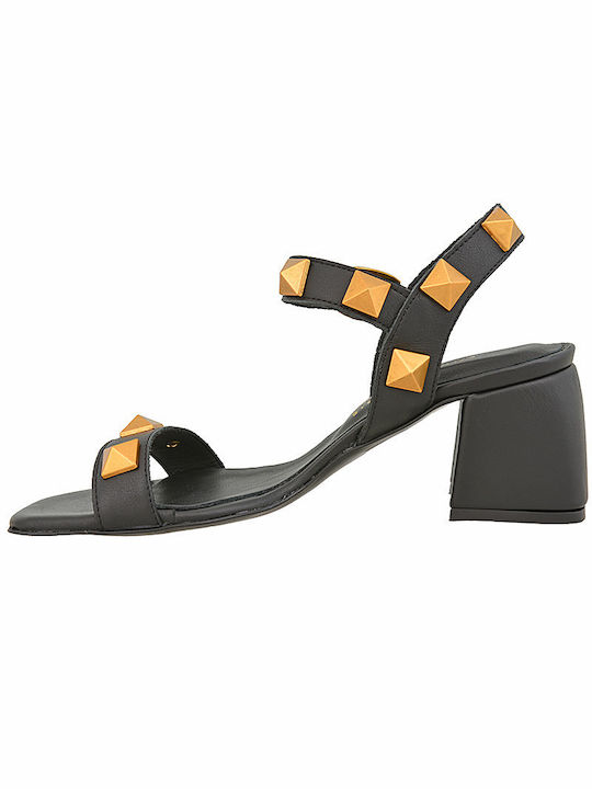 Komis & Komis Leather Women's Sandals Black with Chunky Medium Heel