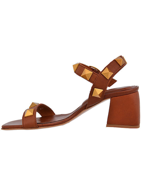 Komis & Komis Leather Women's Sandals Tabac Brown with Chunky Medium Heel