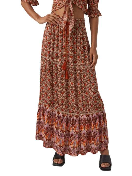 Hoch tailliert Maxi Rock Blumen Rot