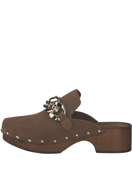 Marco Tozzi Chunky Heel Leather Mules Brown