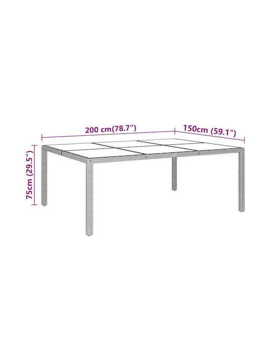 Masa pentru spații exterioare Rattan cu suprafață din sticlă Maro 200x150x75buc