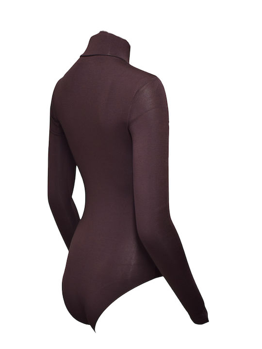Lingerie Long Sleeve Turtleneck Bodysuit Brown