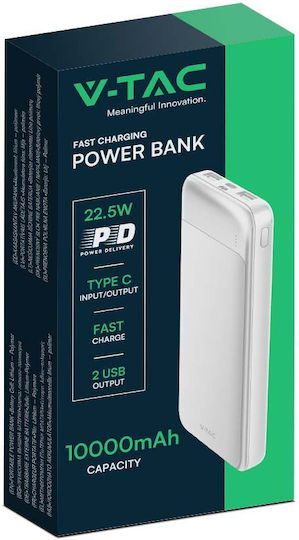 V-TAC Power Bank 10000mAh με Θύρα USB-A και Θύρα USB-C Λευκό